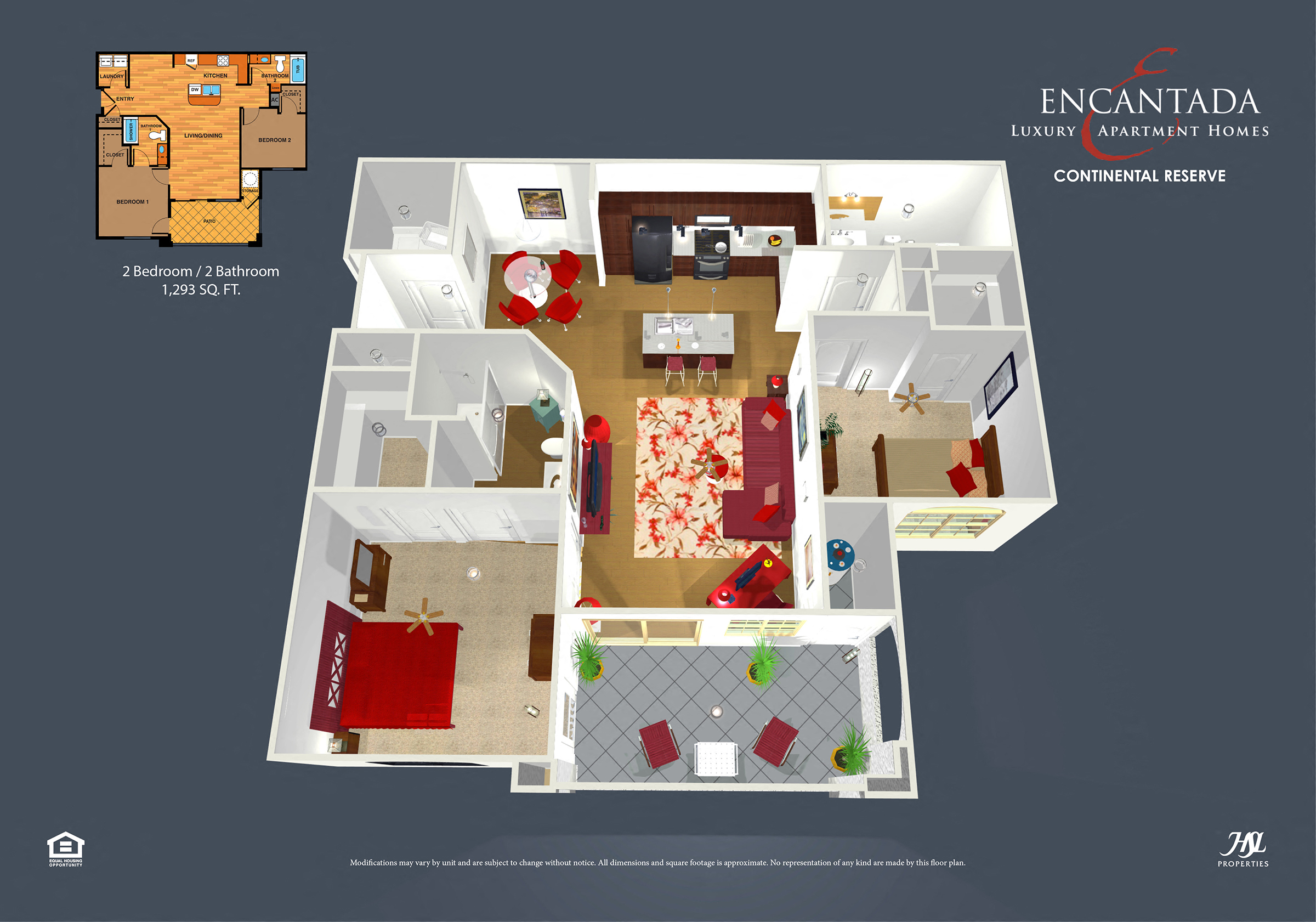 Floor plan for 2 beds, 2 baths, 1293 sqft